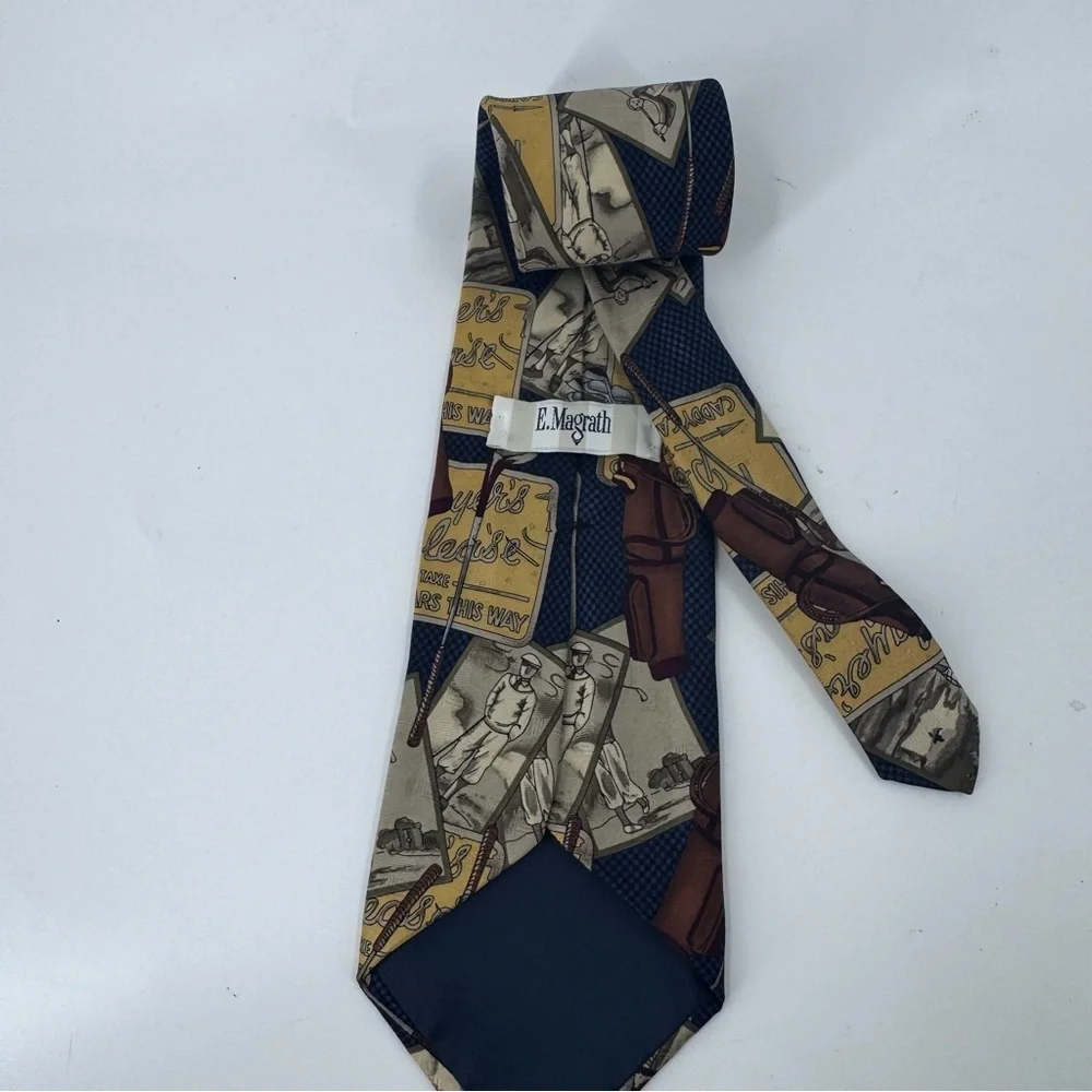 E. Magrath Vintage Golf Tan and Blue Geometric Pattern‎ Tie 100% Silk